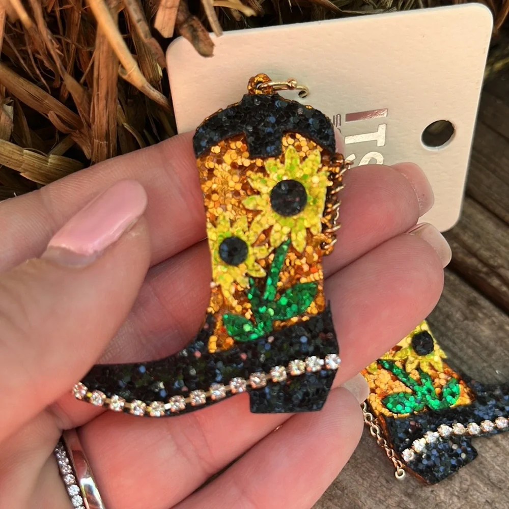 Glitter Sunflower Black Boot Earrings - Picture 10 of 11